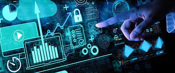 Hand touching Business data analytics process management with KPI financial charts and graph and automated marketing dashboard.