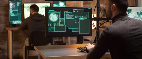 Back view of dangerous team of hackers working on a new malware.