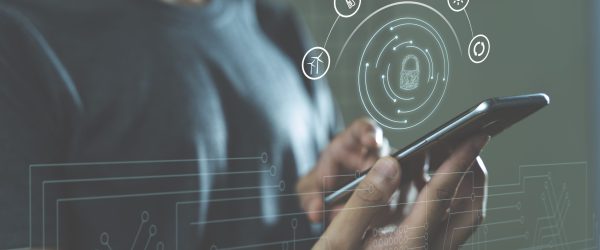 Businessman protecting data personal information on tablet and virtual interface