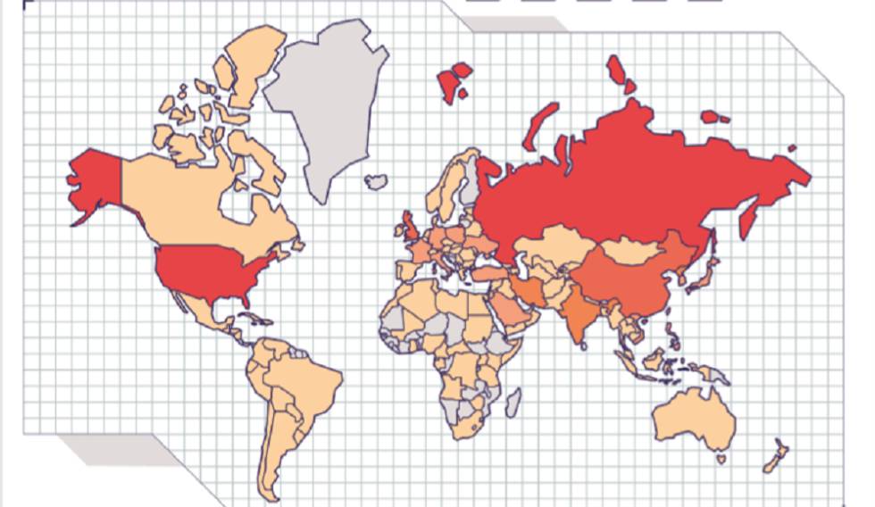 Mapa de los países más atacados por piratas informáticos. Los colores más oscuros muestran los que han sufrido más campañas. 