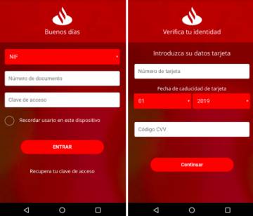 Dos ejemplos de pantallas falsas de Ginp que calcan la app del Santander.
