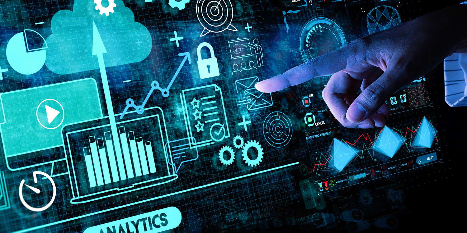 Hand touching Business data analytics process management with KPI financial charts and graph and automated marketing dashboard.